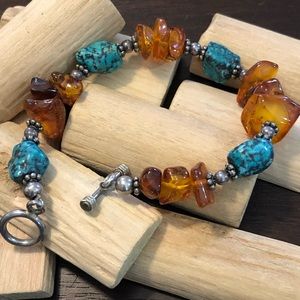 Vintage Amber Turquoise Sterling 925 Bracelet